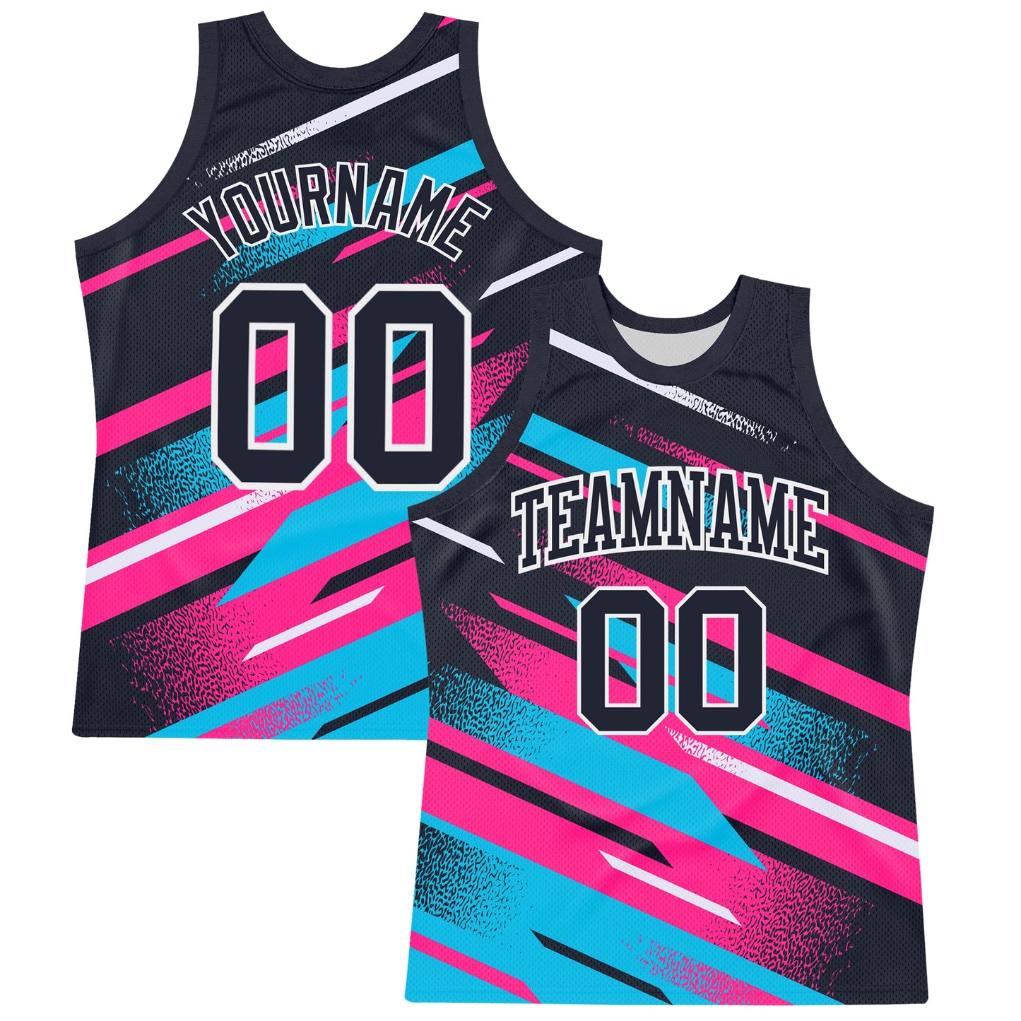 Custom Navy Pink Light Blue-White Line Round Neck Sublimation Basketball Set Jersey - Main View