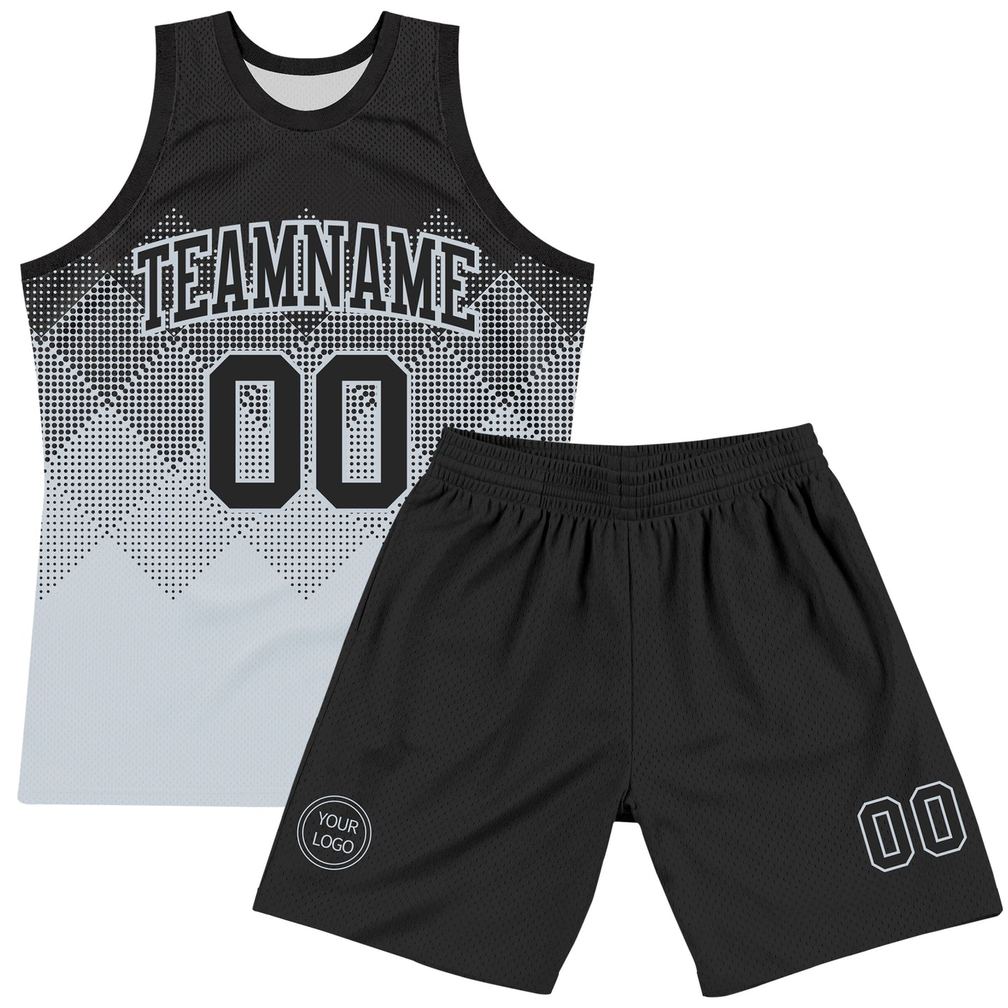 Custom Black Silver Gradient Square Shapes Round Neck Sublimation Basketball Set Jersey view 2