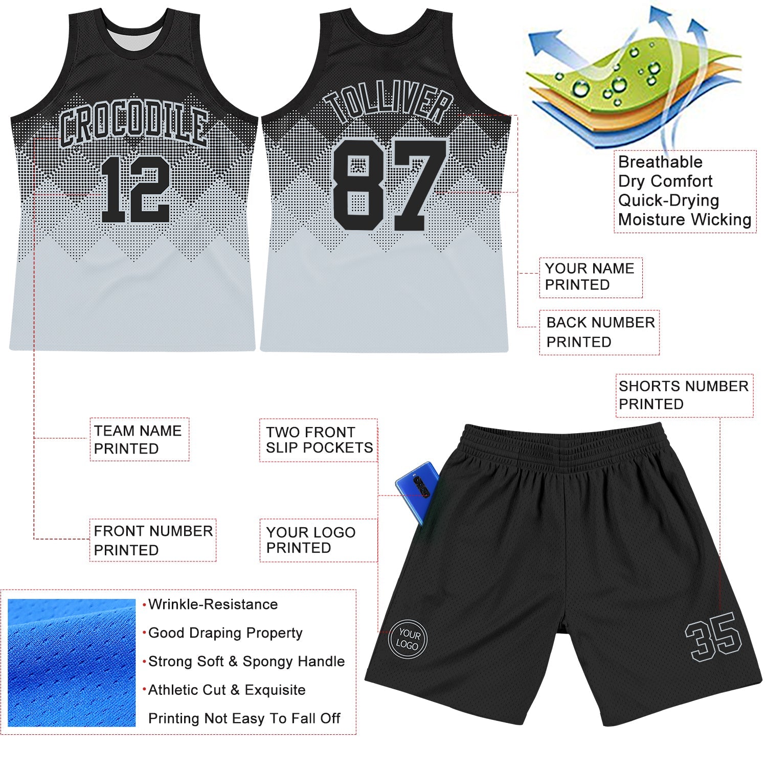 Custom Black Silver Gradient Square Shapes Round Neck Sublimation Basketball Set Jersey view 3