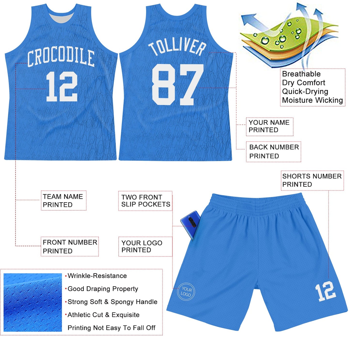 Custom Light Blue White Line Round Neck Sublimation Basketball Set Jersey view 3