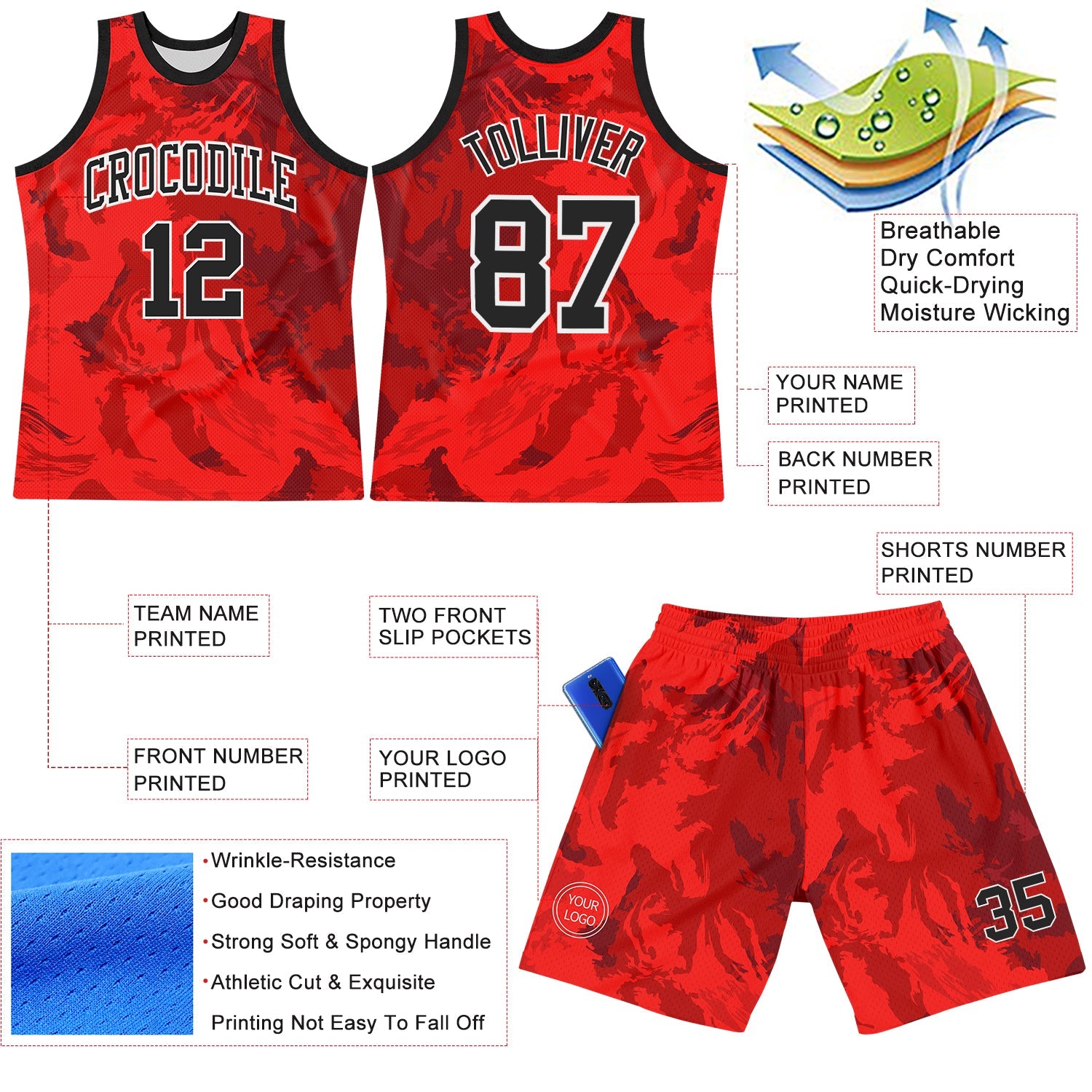 Custom Red Black-White Splash Round Neck Sublimation Basketball Set Jersey view 3