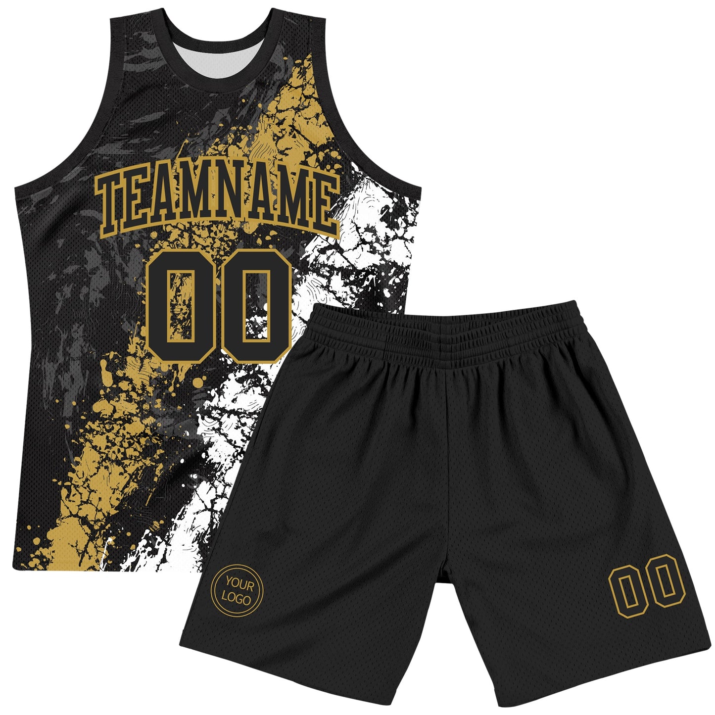 Custom Black Old Gold-White Splash Round Neck Sublimation Basketball Set Jersey view 2
