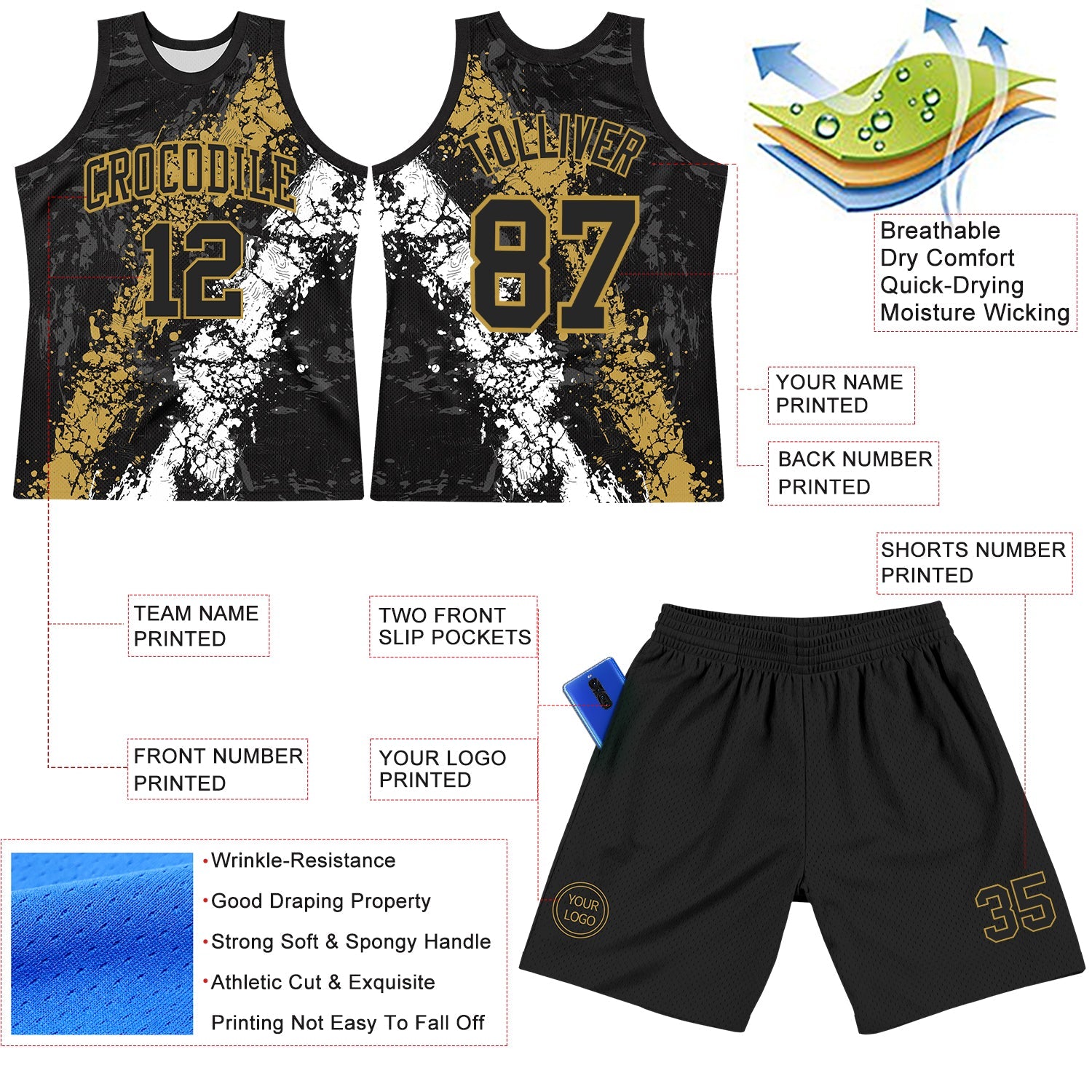Custom Black Old Gold-White Splash Round Neck Sublimation Basketball Set Jersey view 3