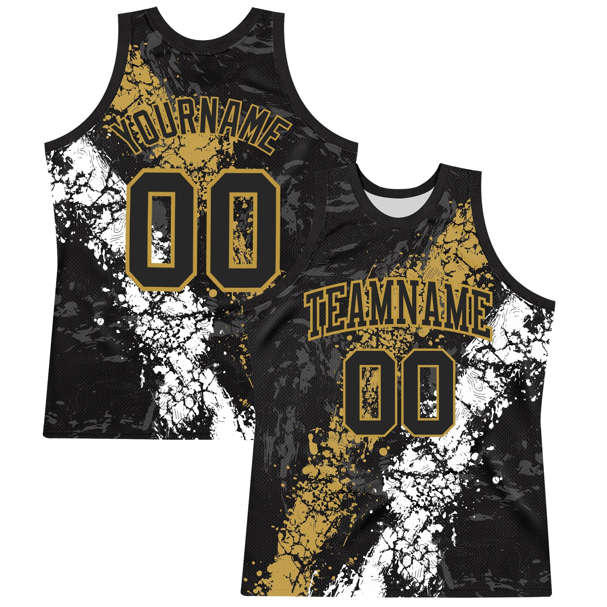 Custom Black Old Gold-White Splash Round Neck Sublimation Basketball Set Jersey - Main View
