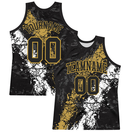 Custom Black Old Gold-White Splash Round Neck Sublimation Basketball Set Jersey - Main View