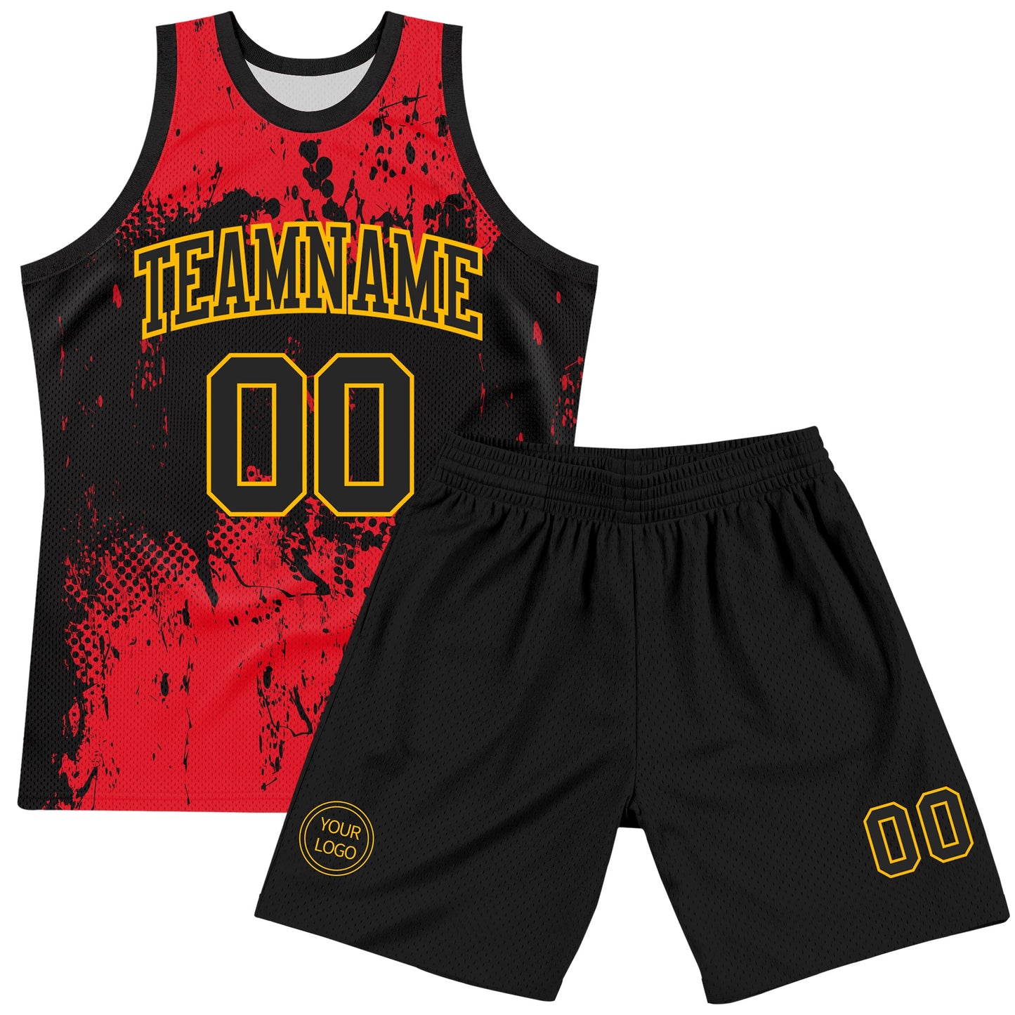Custom Black Red-Gold Abstract Splatter Grunge Art Round Neck Sublimation Basketball Set Jersey view 2