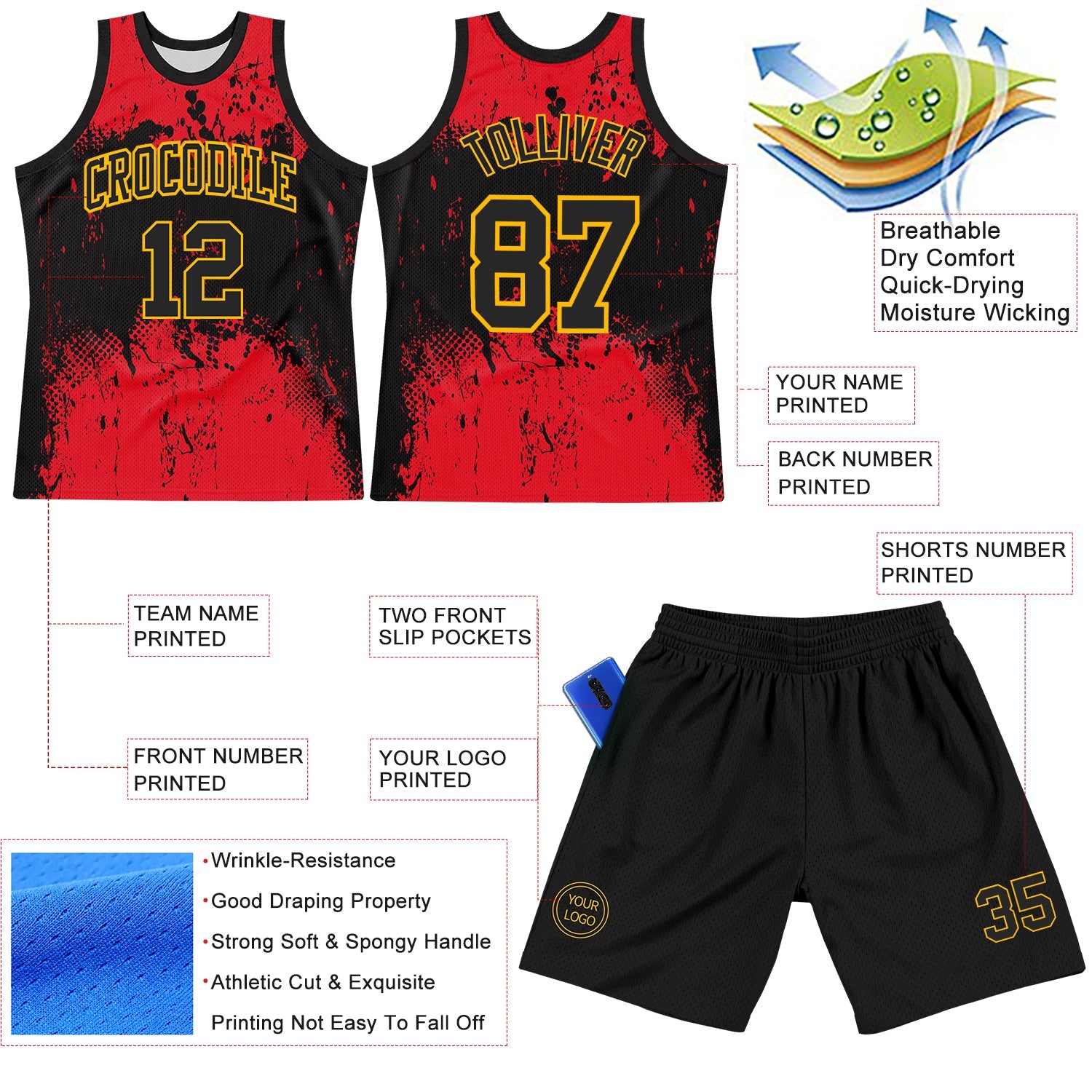 Custom Black Red-Gold Abstract Splatter Grunge Art Round Neck Sublimation Basketball Set Jersey view 3