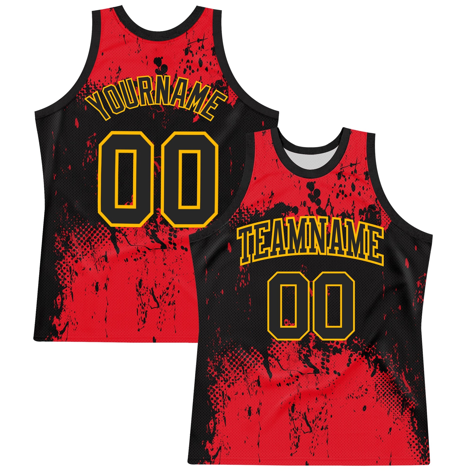 Custom Black Red-Gold Abstract Splatter Grunge Art Round Neck Sublimation Basketball Set Jersey - Main View