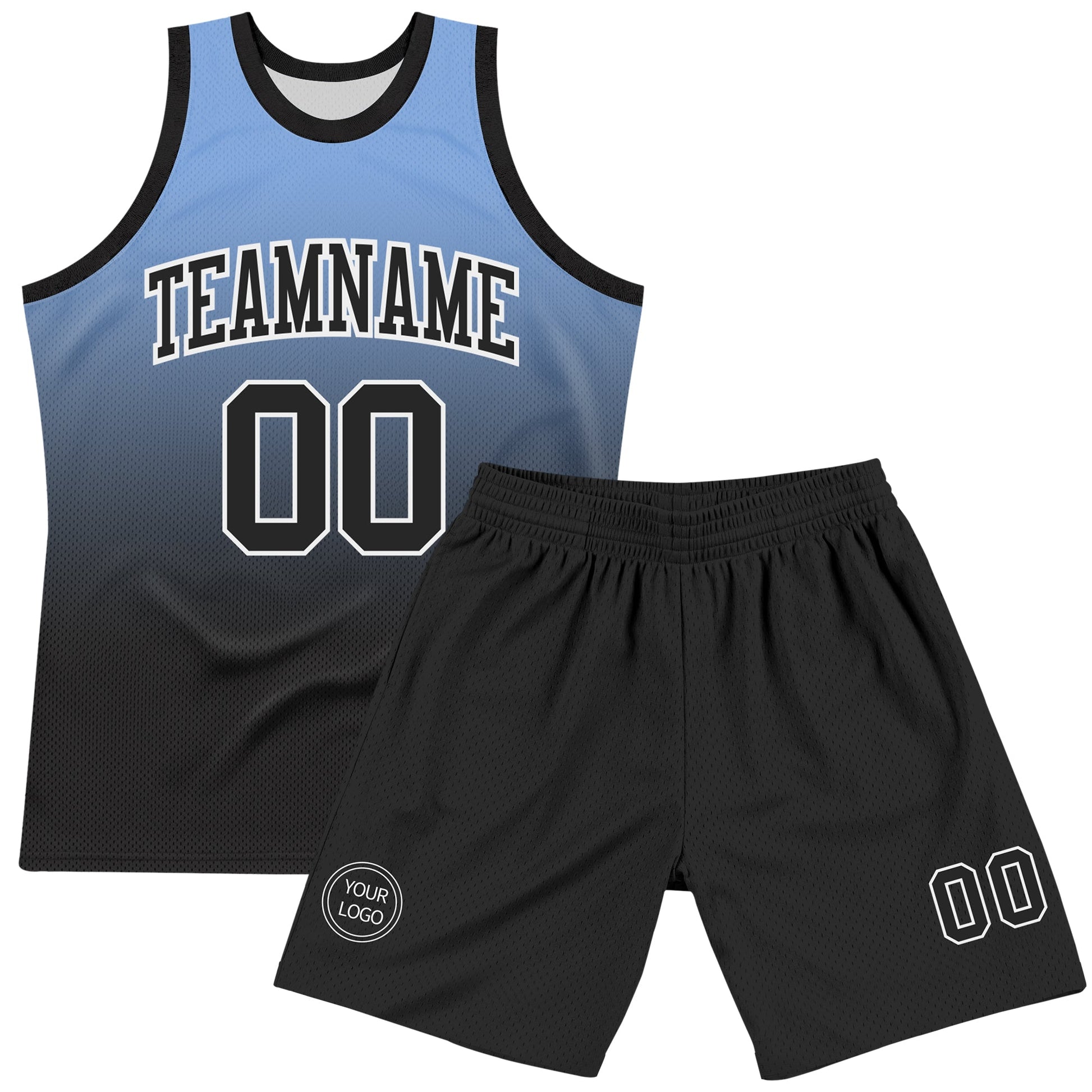 Custom Powder Blue Black-White Fade Fashion Round Neck Sublimation Basketball Set Jersey view 2