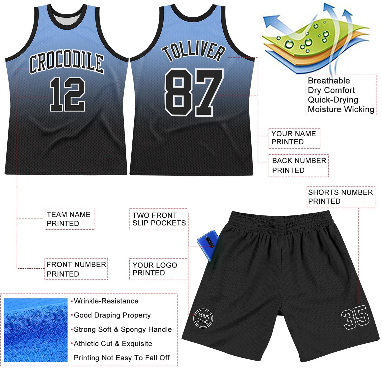 Custom Powder Blue Black-White Fade Fashion Round Neck Sublimation Basketball Set Jersey view 3