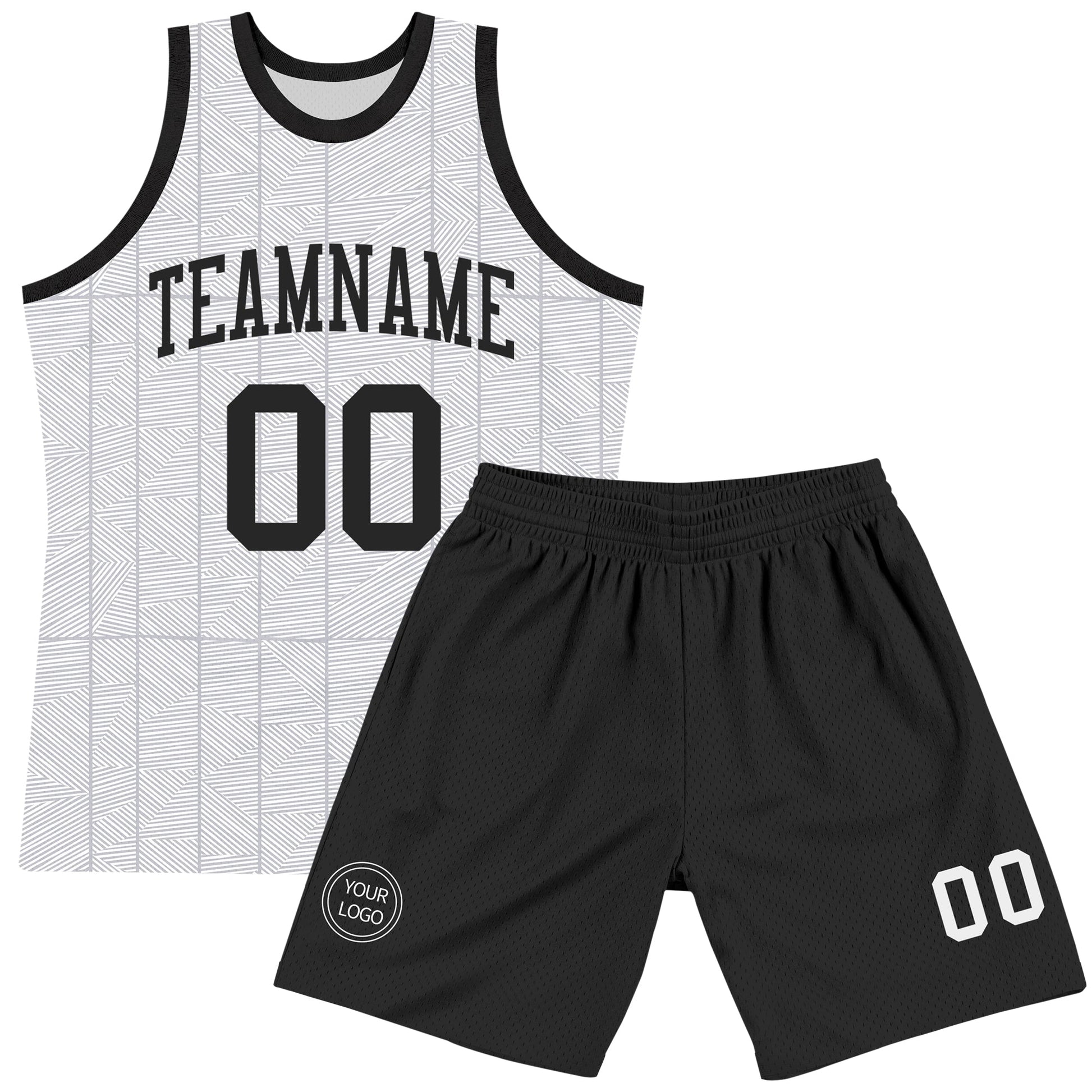 Custom Gray Black-White Line Round Neck Sublimation Basketball Set Jersey view 2