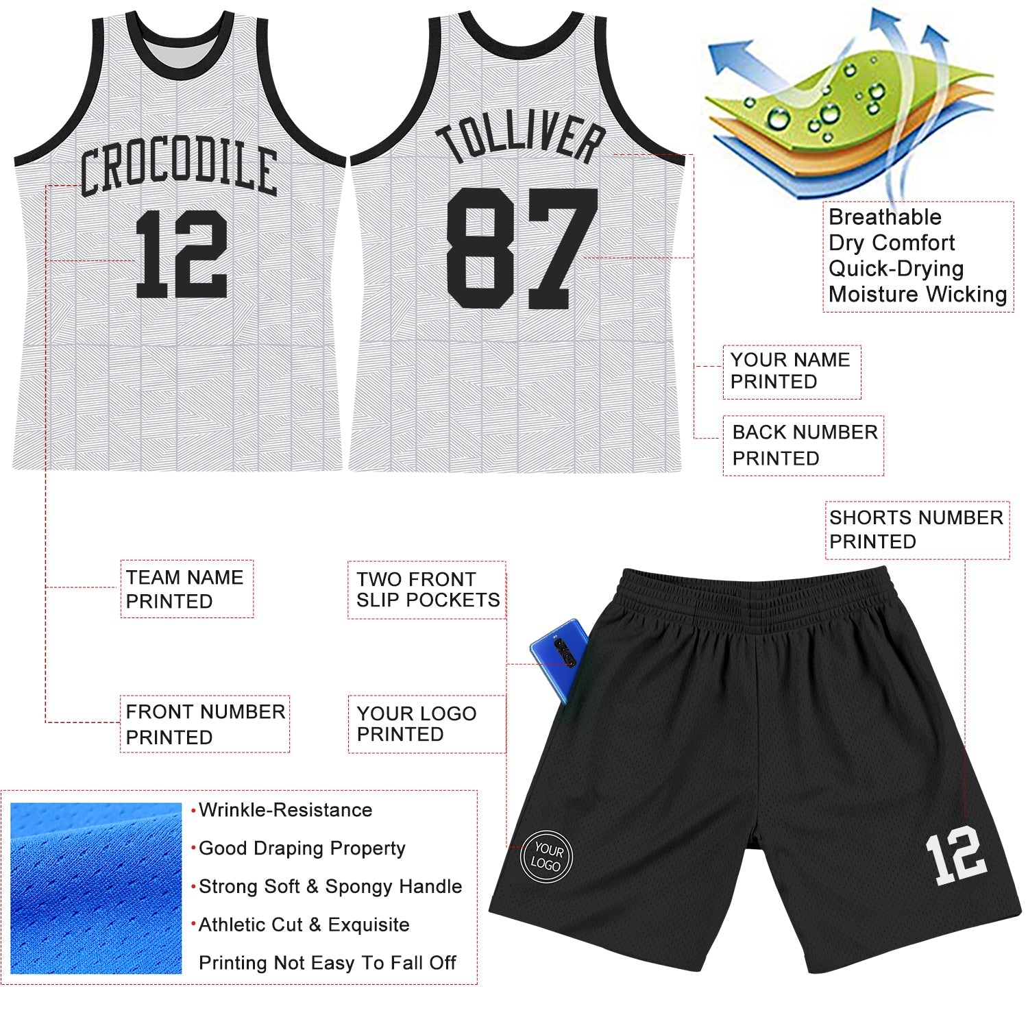Custom Gray Black-White Line Round Neck Sublimation Basketball Set Jersey view 3