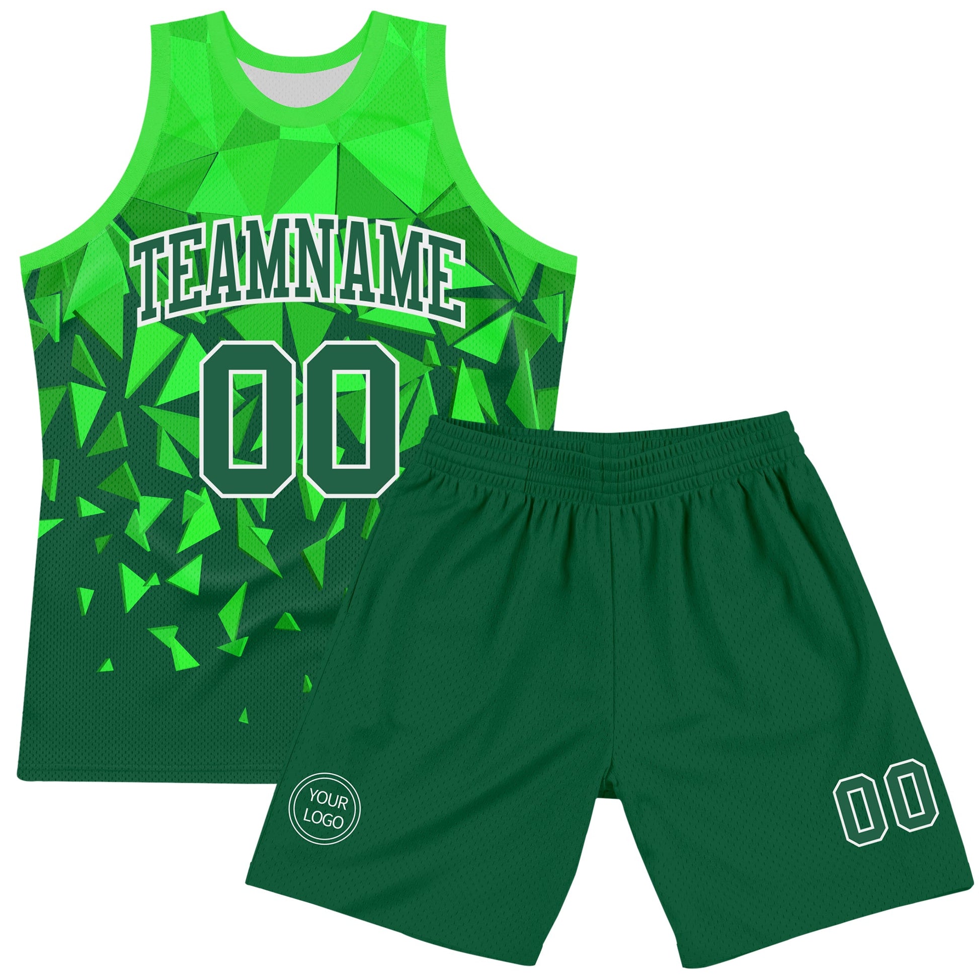 Custom Green Grass Green-White Geometric Shape Round Neck Sublimation Basketball Set Jersey view 2