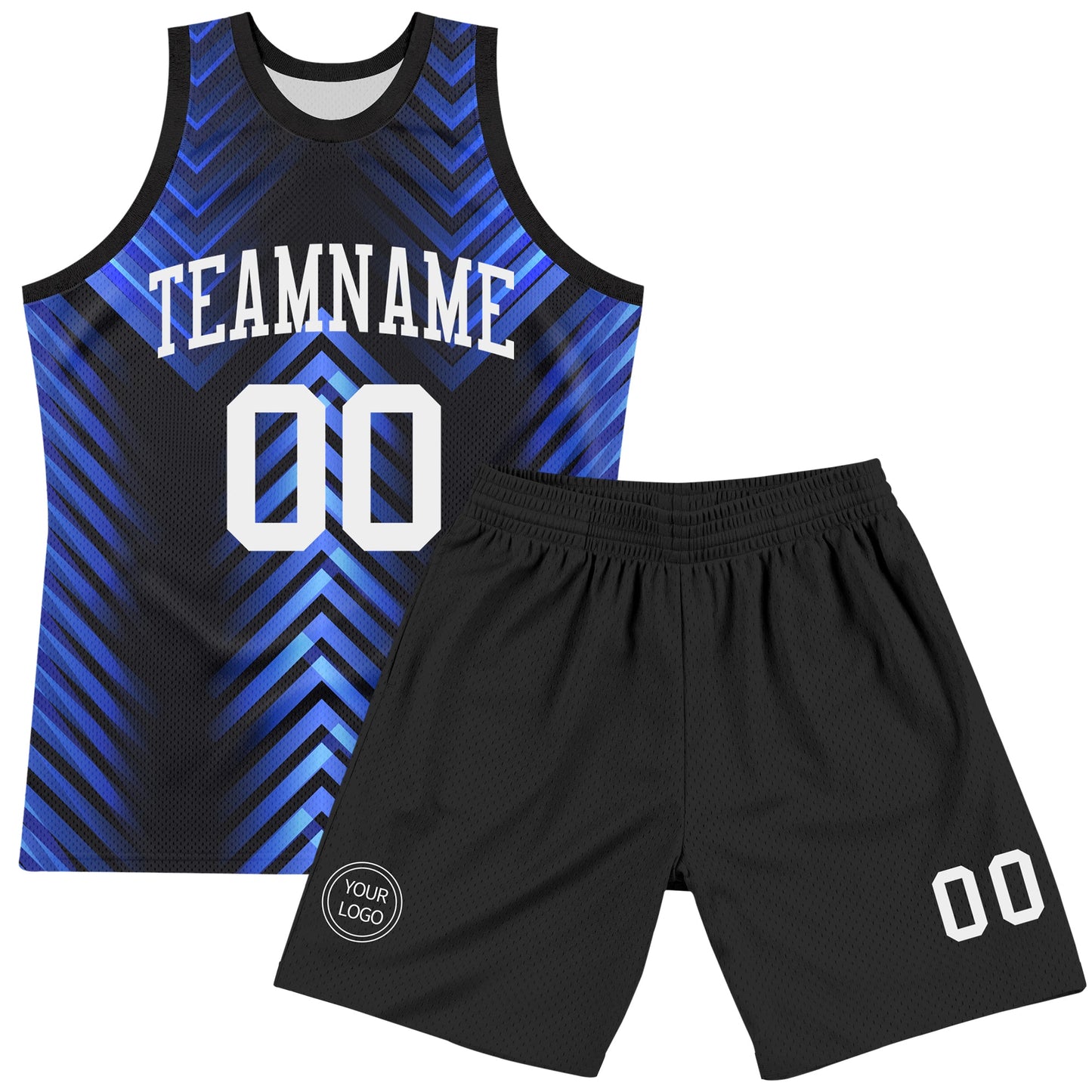 Custom Black White-Royal Arrow Shape Round Neck Sublimation Basketball Set Jersey view 2