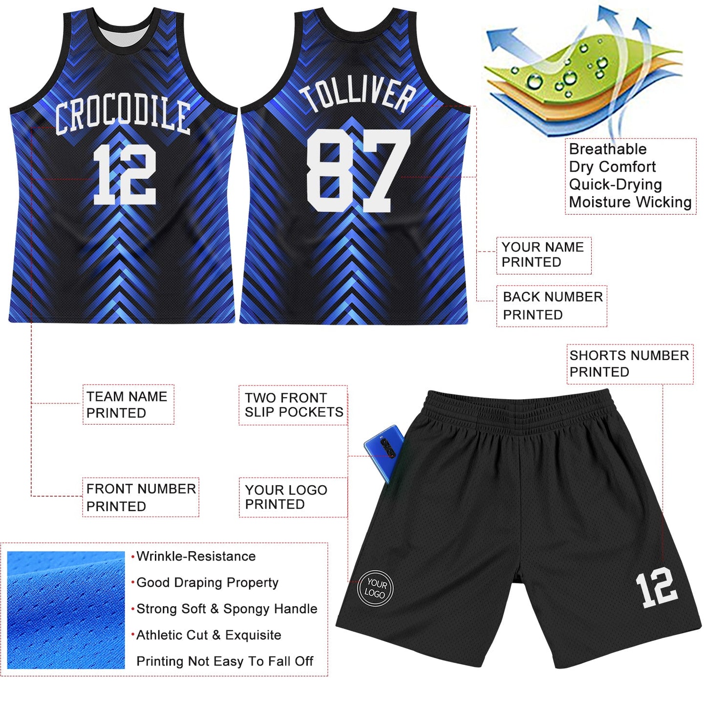 Custom Black White-Royal Arrow Shape Round Neck Sublimation Basketball Set Jersey view 3