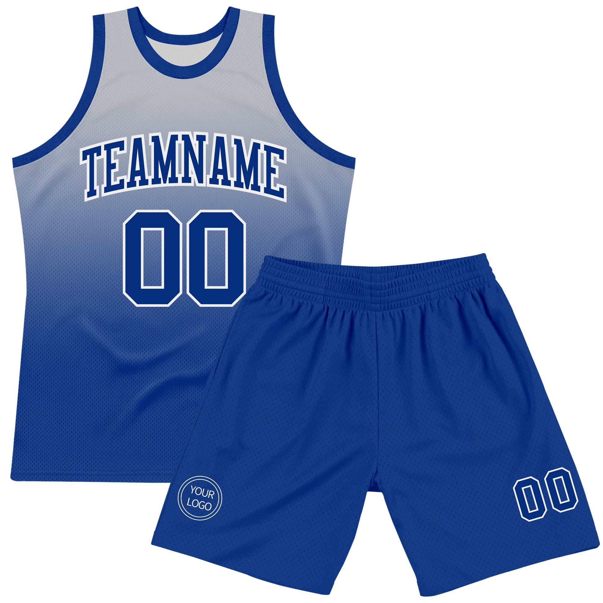 Custom Gray Royal-White Fade Fashion Round Neck Sublimation Basketball Set Jersey view 2
