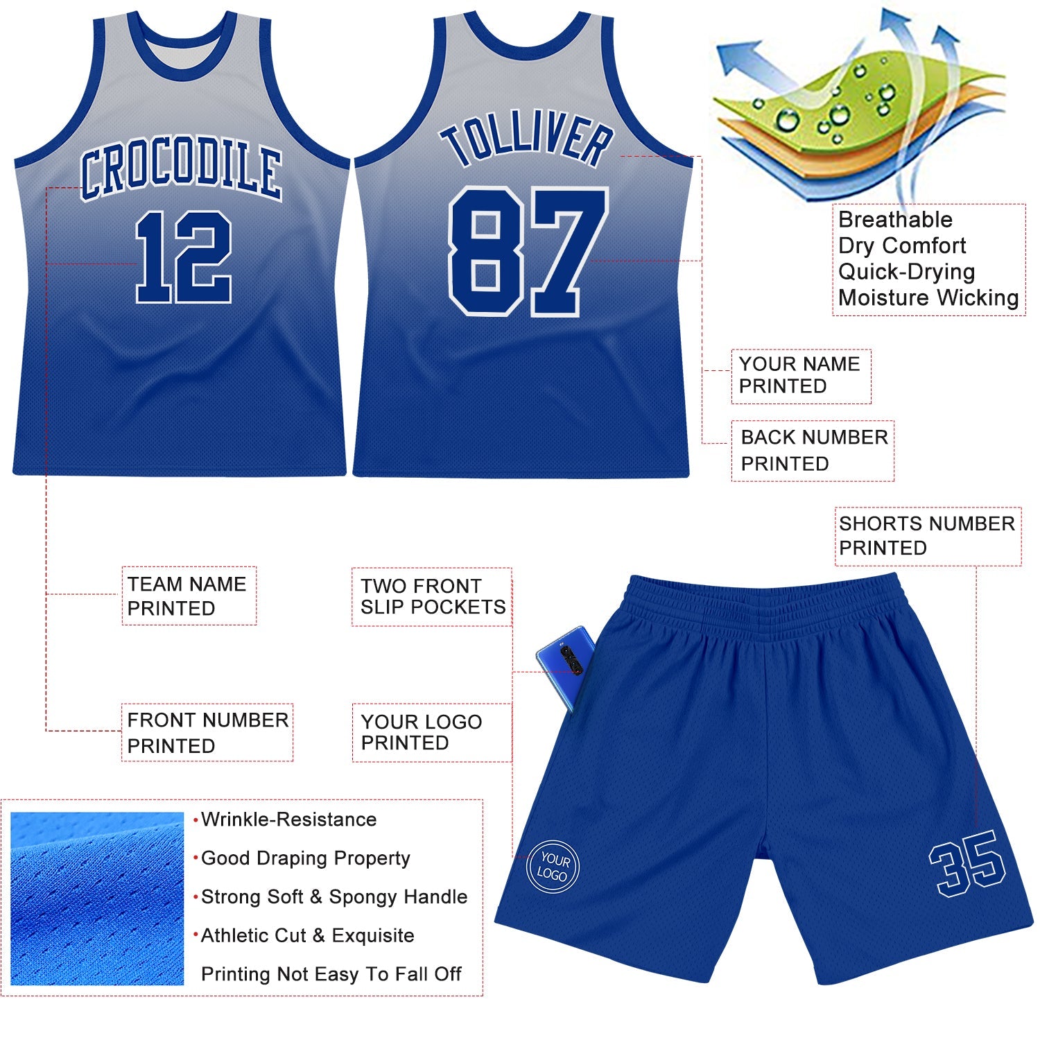 Custom Gray Royal-White Fade Fashion Round Neck Sublimation Basketball Set Jersey view 3