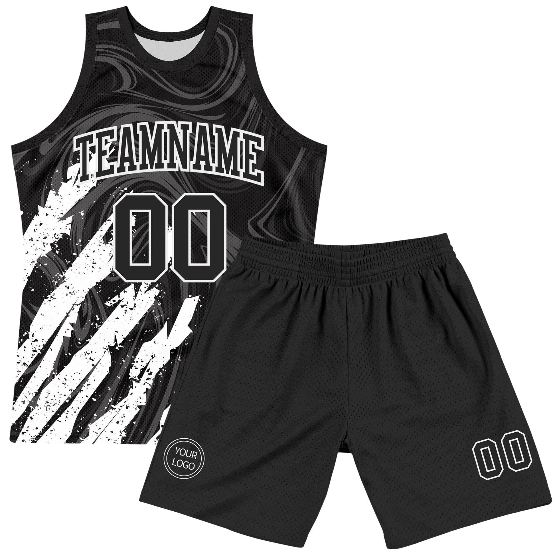 Custom Black White Splash Round Neck Sublimation Basketball Set Jersey view 2