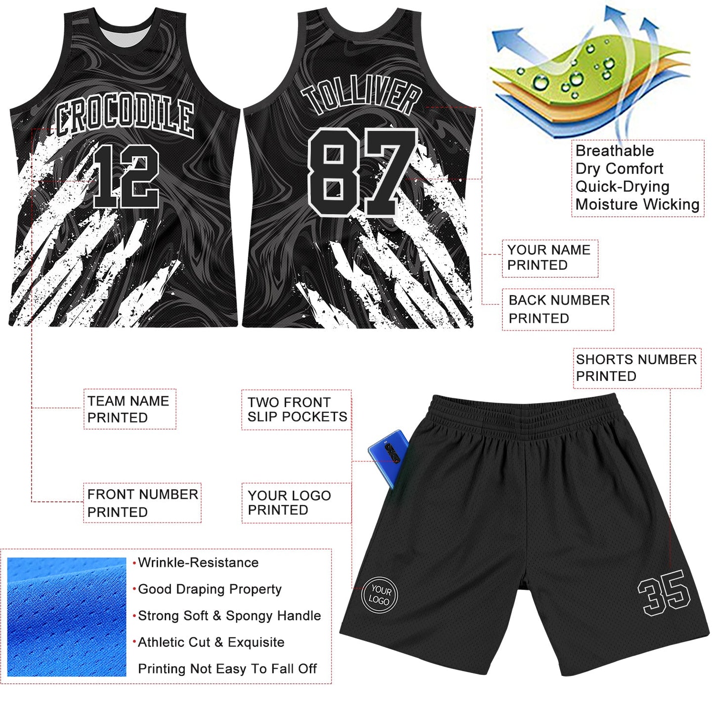 Custom Black White Splash Round Neck Sublimation Basketball Set Jersey view 3