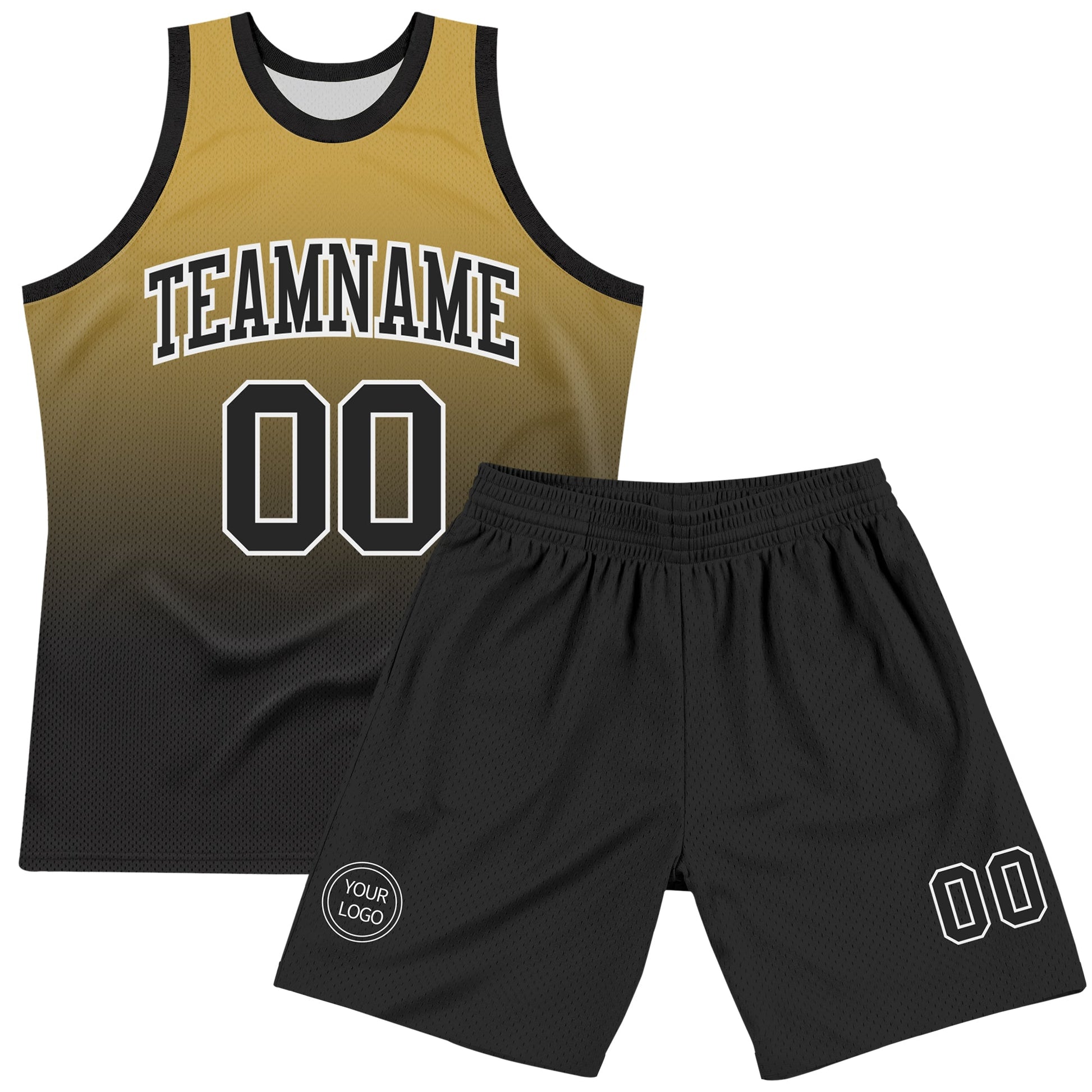 Custom Old Gold Black-White Fade Fashion Round Neck Sublimation Basketball Set Jersey view 2