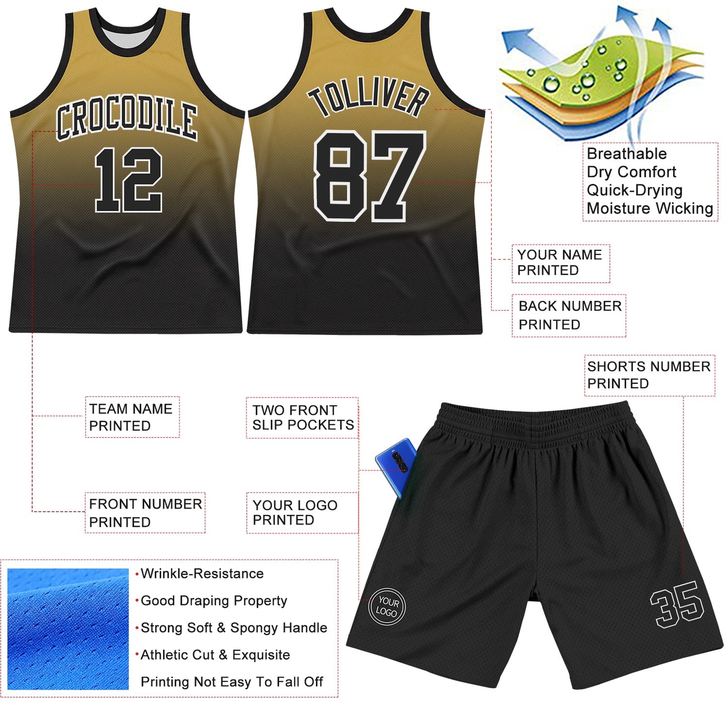 Custom Old Gold Black-White Fade Fashion Round Neck Sublimation Basketball Set Jersey view 3