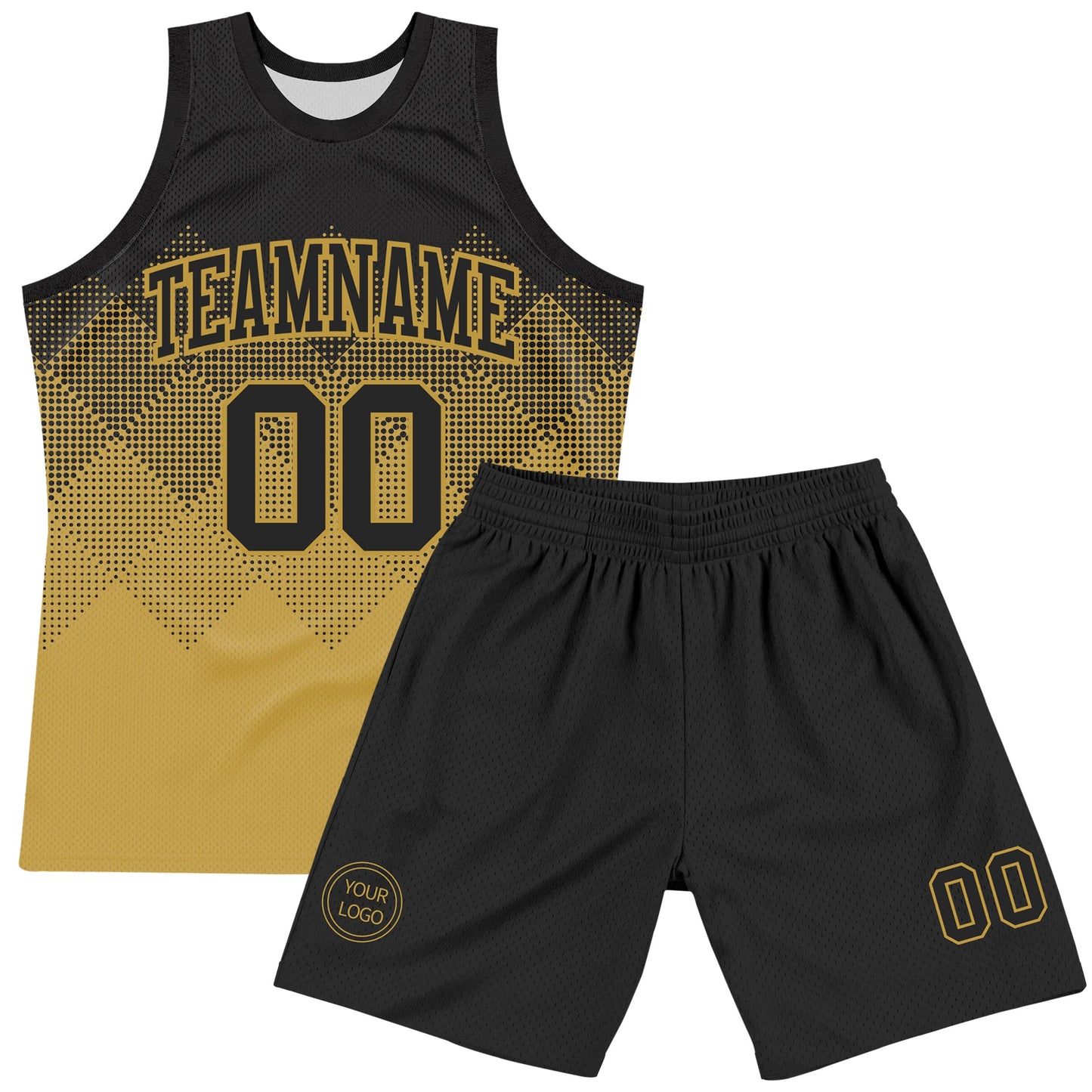 Custom Black Old Gold Gradient Square Shapes Round Neck Sublimation Basketball Set Jersey view 2