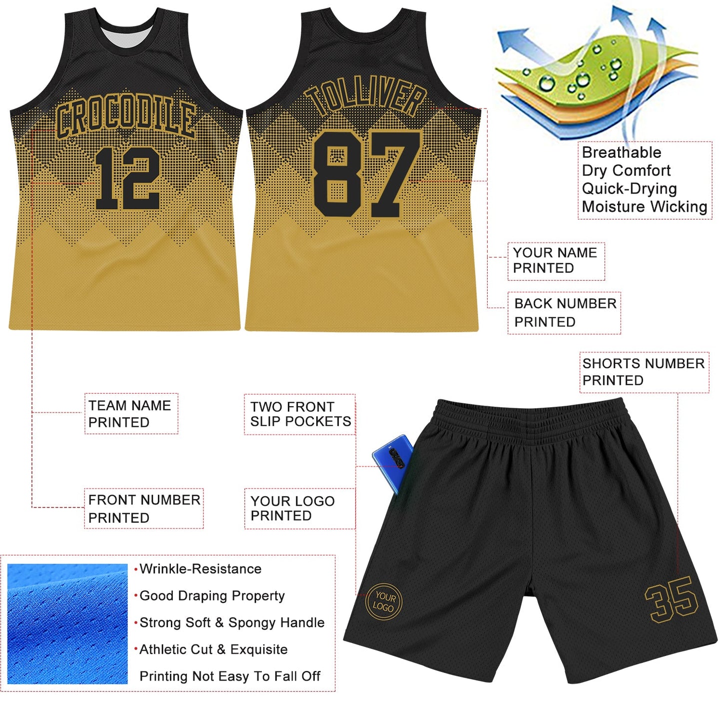 Custom Black Old Gold Gradient Square Shapes Round Neck Sublimation Basketball Set Jersey view 3
