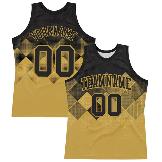 Custom Black Old Gold Gradient Square Shapes Round Neck Sublimation Basketball Set Jersey - Main View