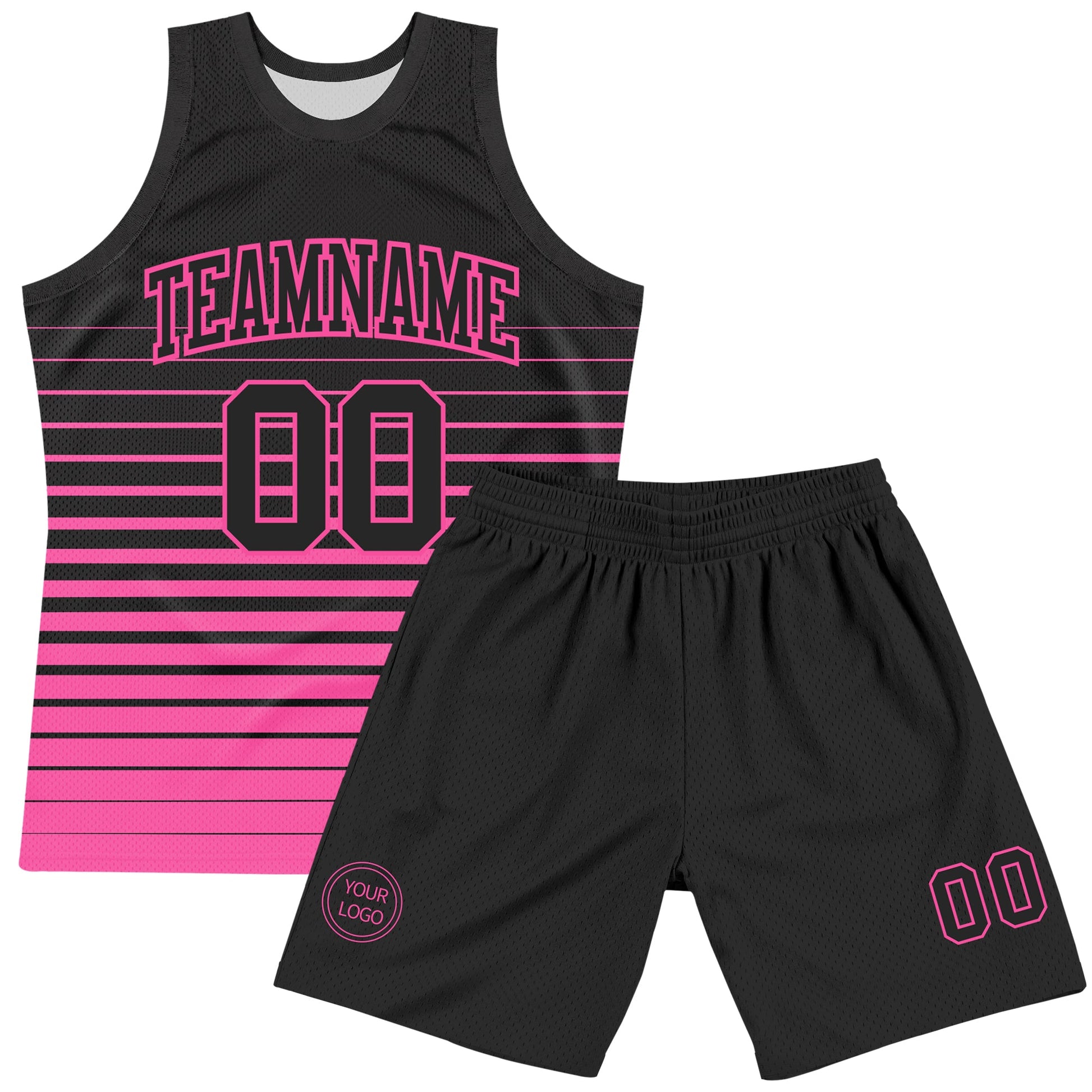 Custom Black Pink Pinstripe Fade Fashion Round Neck Sublimation Basketball Set Jersey view 2