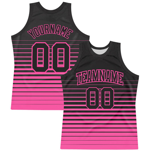 Custom Black Pink Pinstripe Fade Fashion Round Neck Sublimation Basketball Set Jersey - Main View