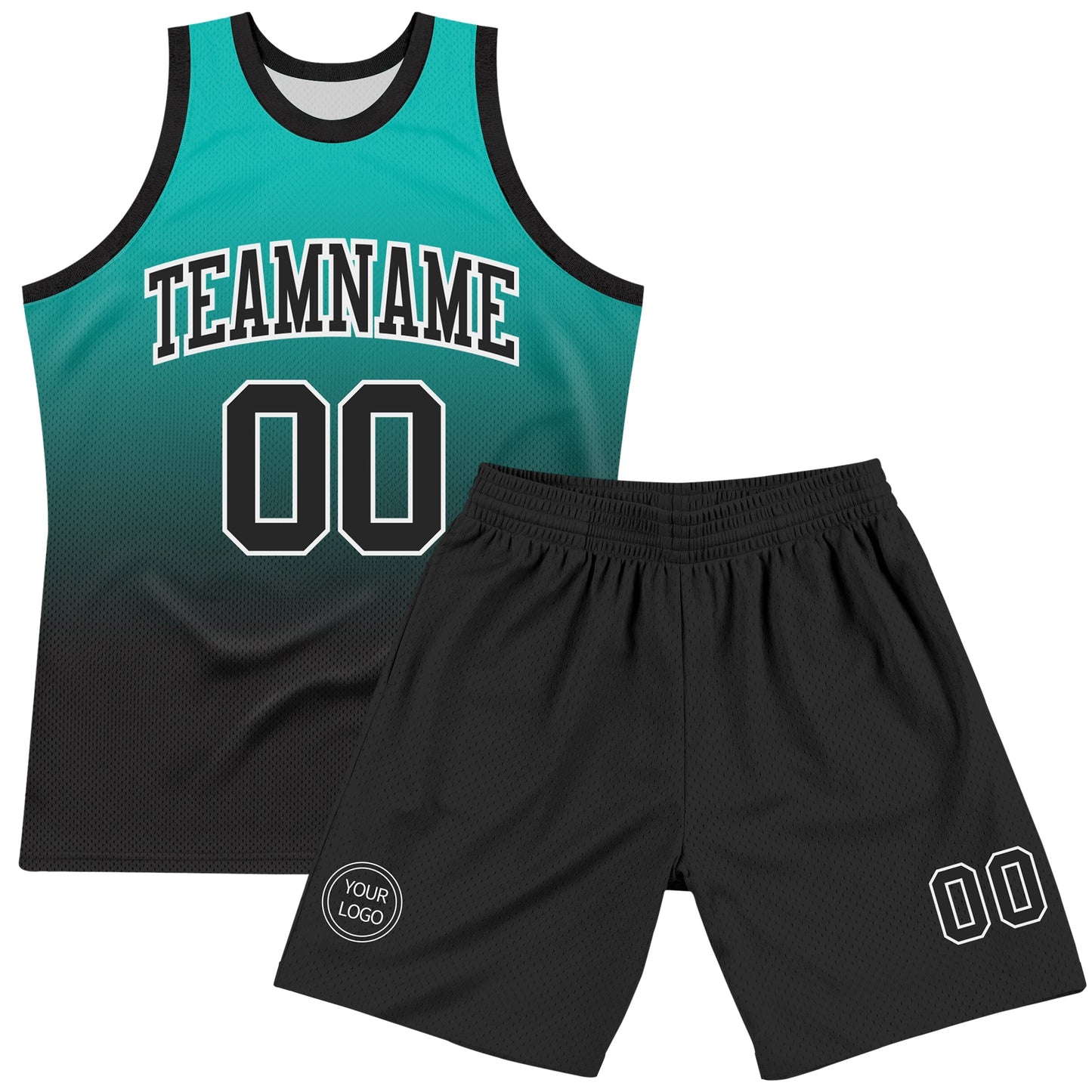 Custom Aqua Black-White Fade Fashion Round Neck Sublimation Basketball Set Jersey view 2