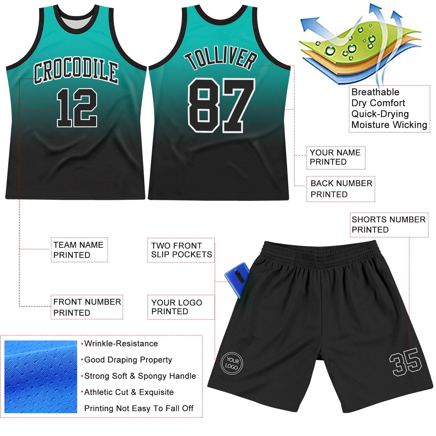 Custom Aqua Black-White Fade Fashion Round Neck Sublimation Basketball Set Jersey view 3