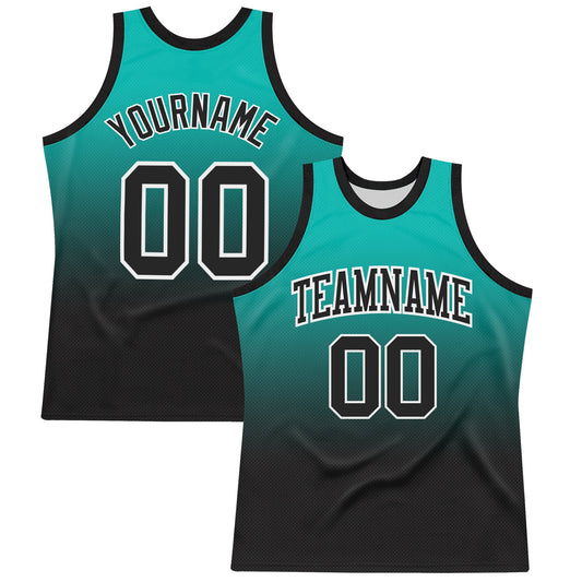 Custom Aqua Black-White Fade Fashion Round Neck Sublimation Basketball Set Jersey - Main View