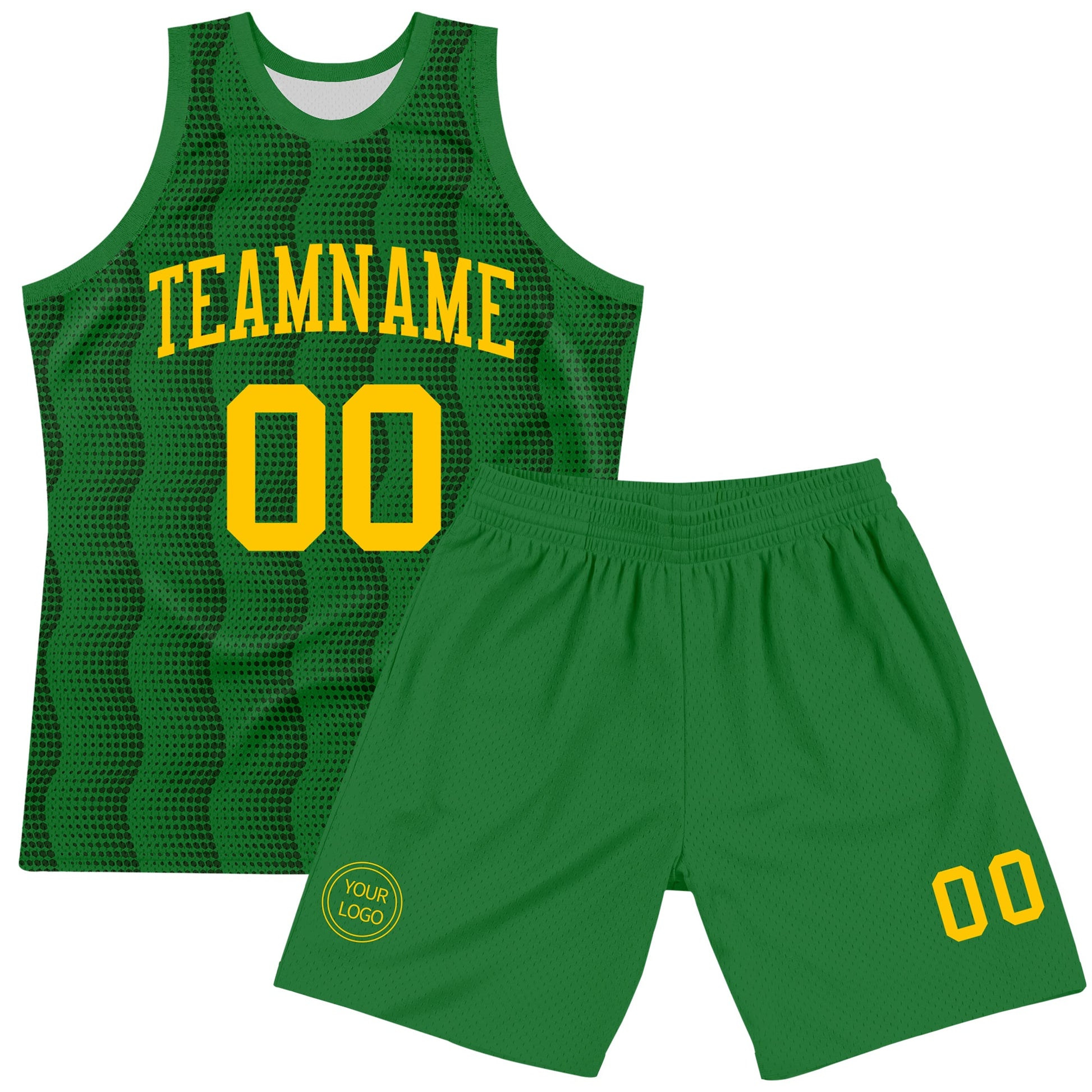 Custom Kelly Green Yellow Geometric Shape Round Neck Sublimation Basketball Set Jersey view 2