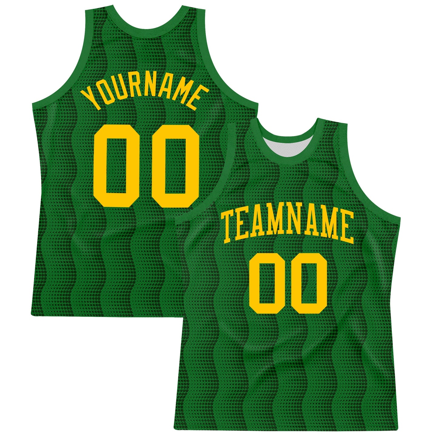 Custom Kelly Green Yellow Geometric Shape Round Neck Sublimation Basketball Set Jersey - Main View