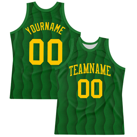 Custom Kelly Green Yellow Geometric Shape Round Neck Sublimation Basketball Set Jersey - Main View