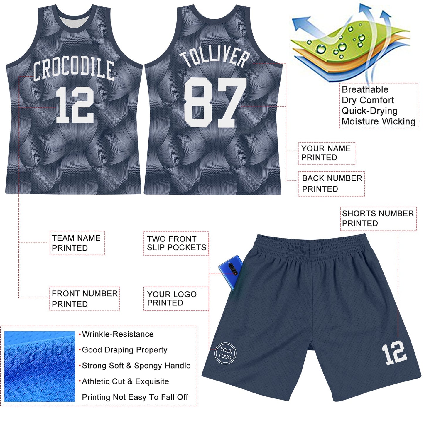 Custom Steel Gray White Line Round Neck Sublimation Basketball Set Jersey view 3