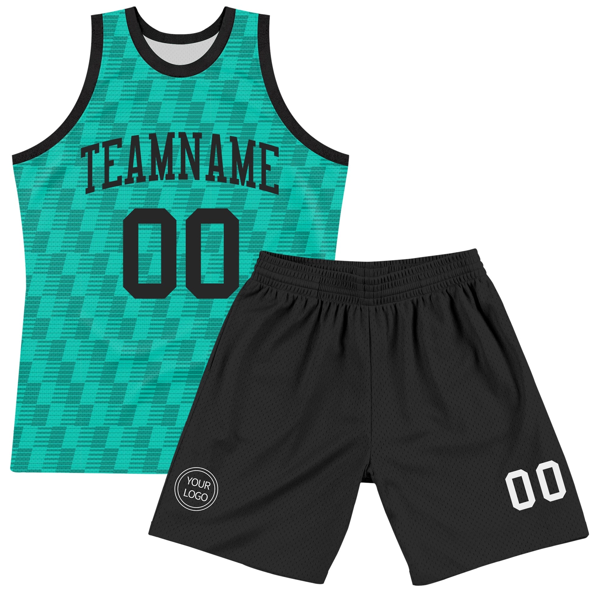 Custom Teal White Line Round Neck Sublimation Basketball Set Jersey view 2