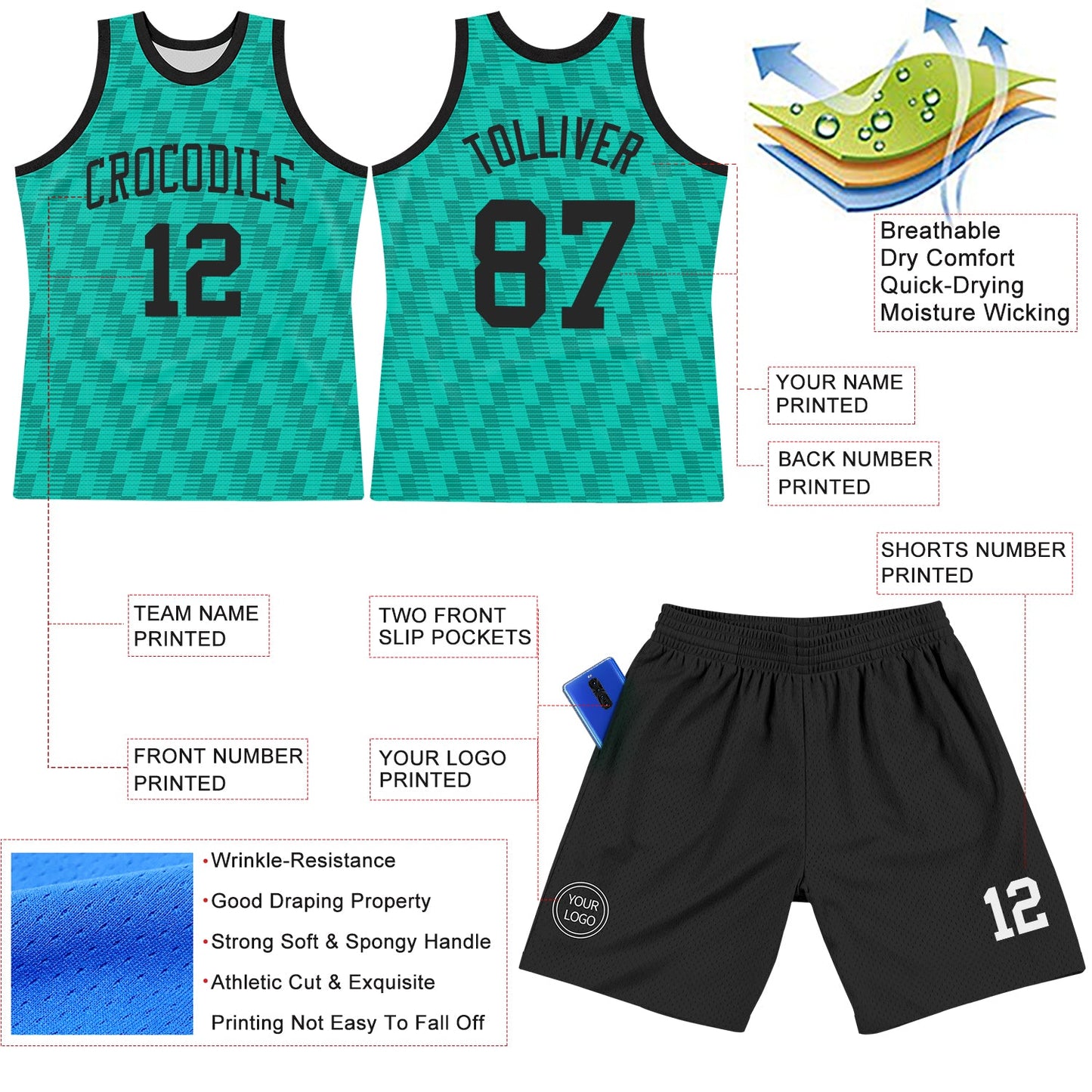 Custom Teal White Line Round Neck Sublimation Basketball Set Jersey view 3