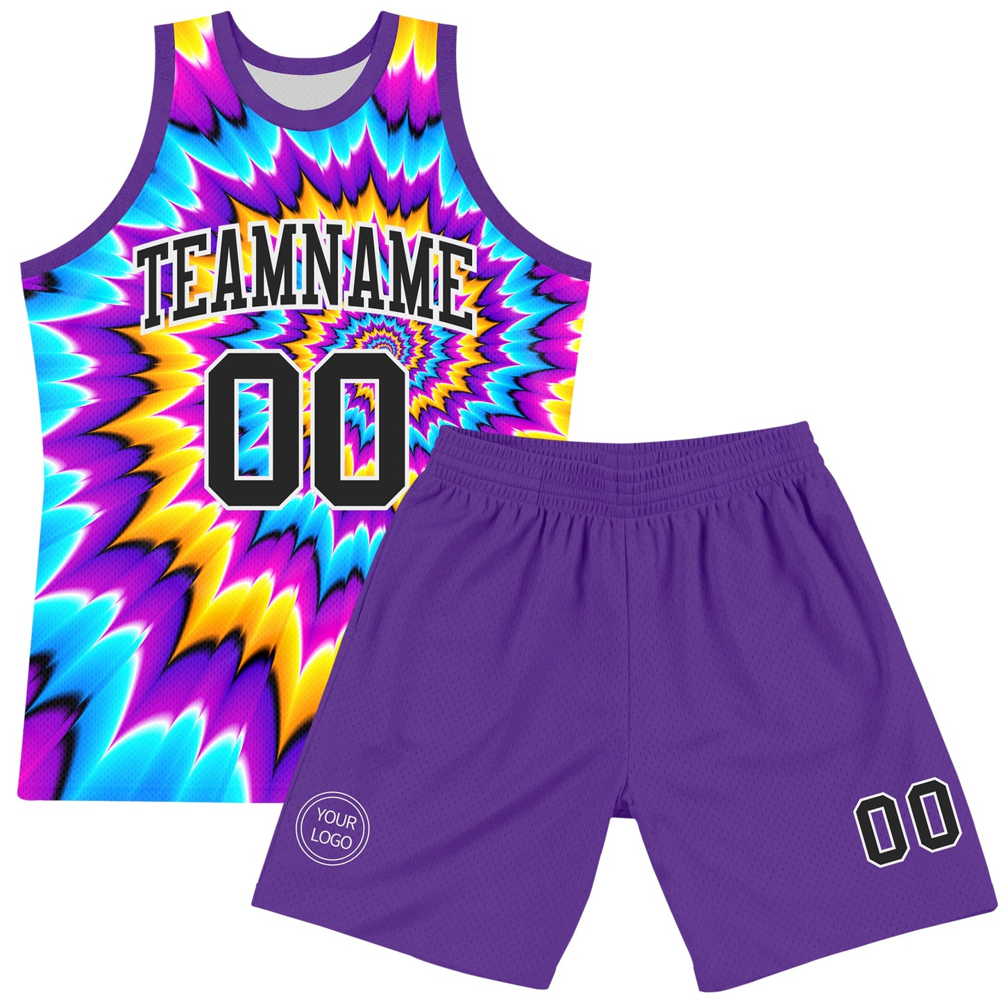 Custom Tie Dye Black-White Round Neck Sublimation Basketball Set Jersey view 2