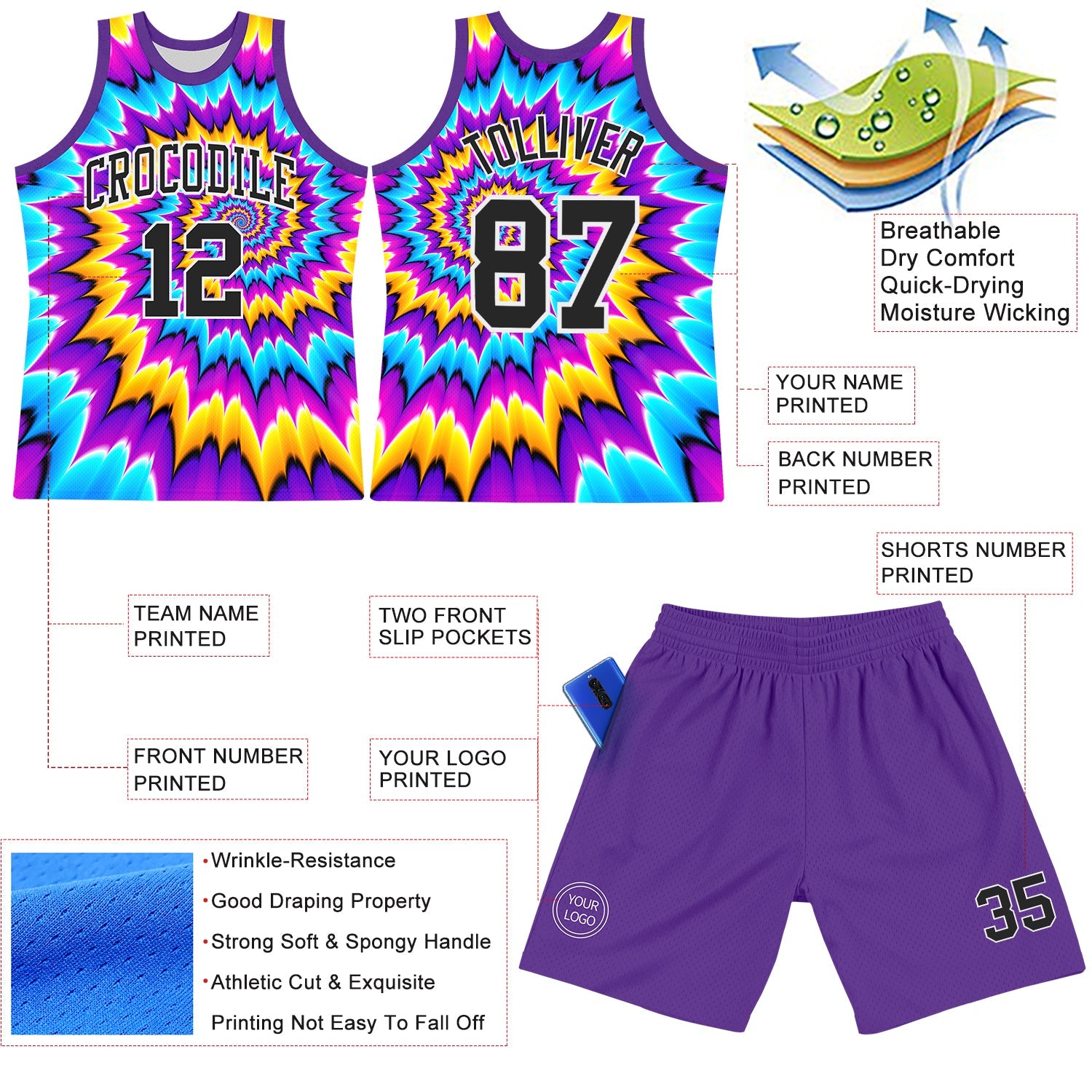 Custom Tie Dye Black-White Round Neck Sublimation Basketball Set Jersey view 3
