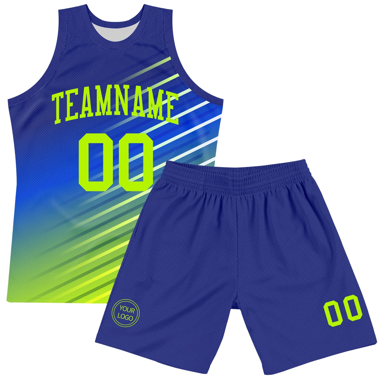 Custom Royal Neon Green-White Line Round Neck Sublimation Basketball Set Jersey view 2