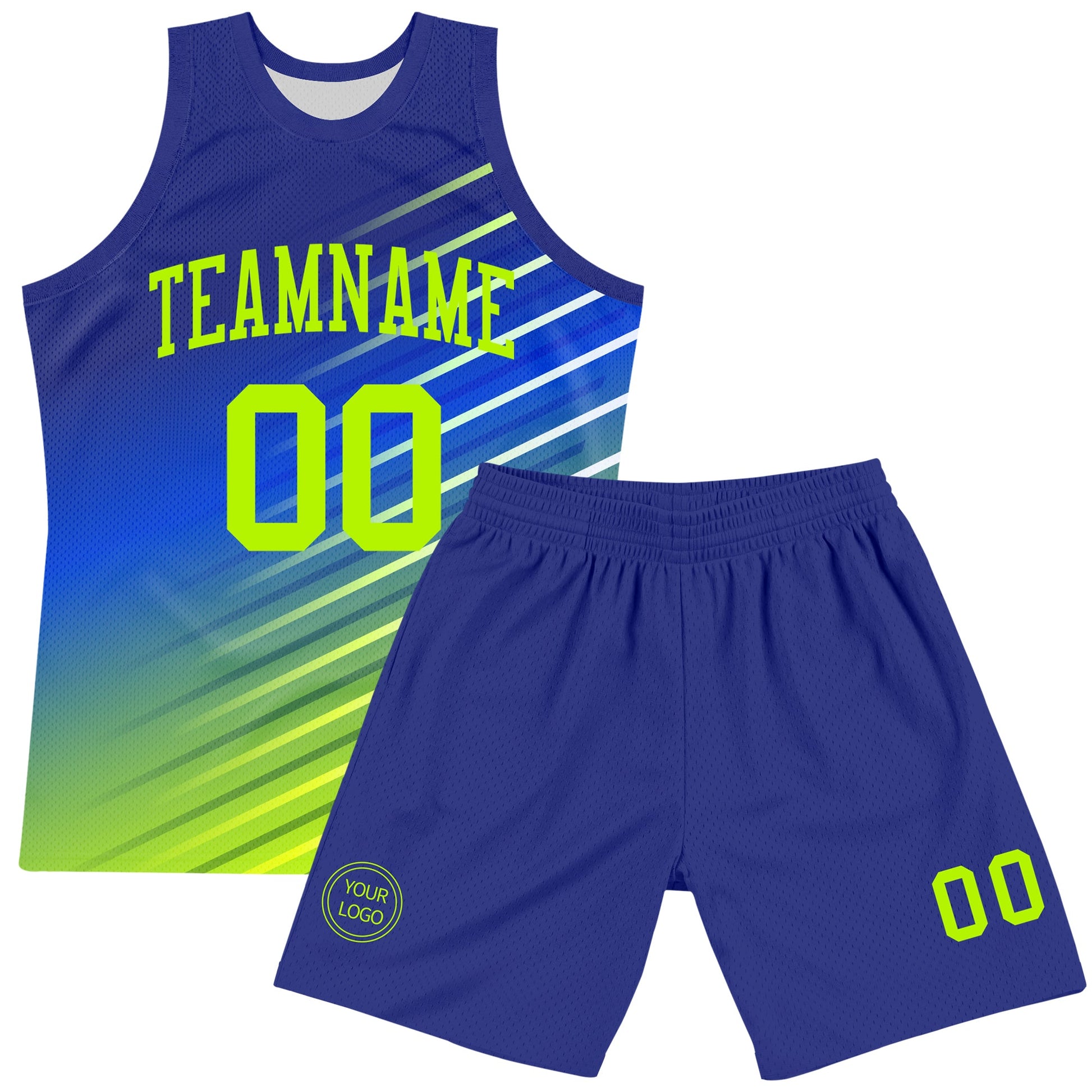Custom Royal Neon Green-White Line Round Neck Sublimation Basketball Set Jersey view 2