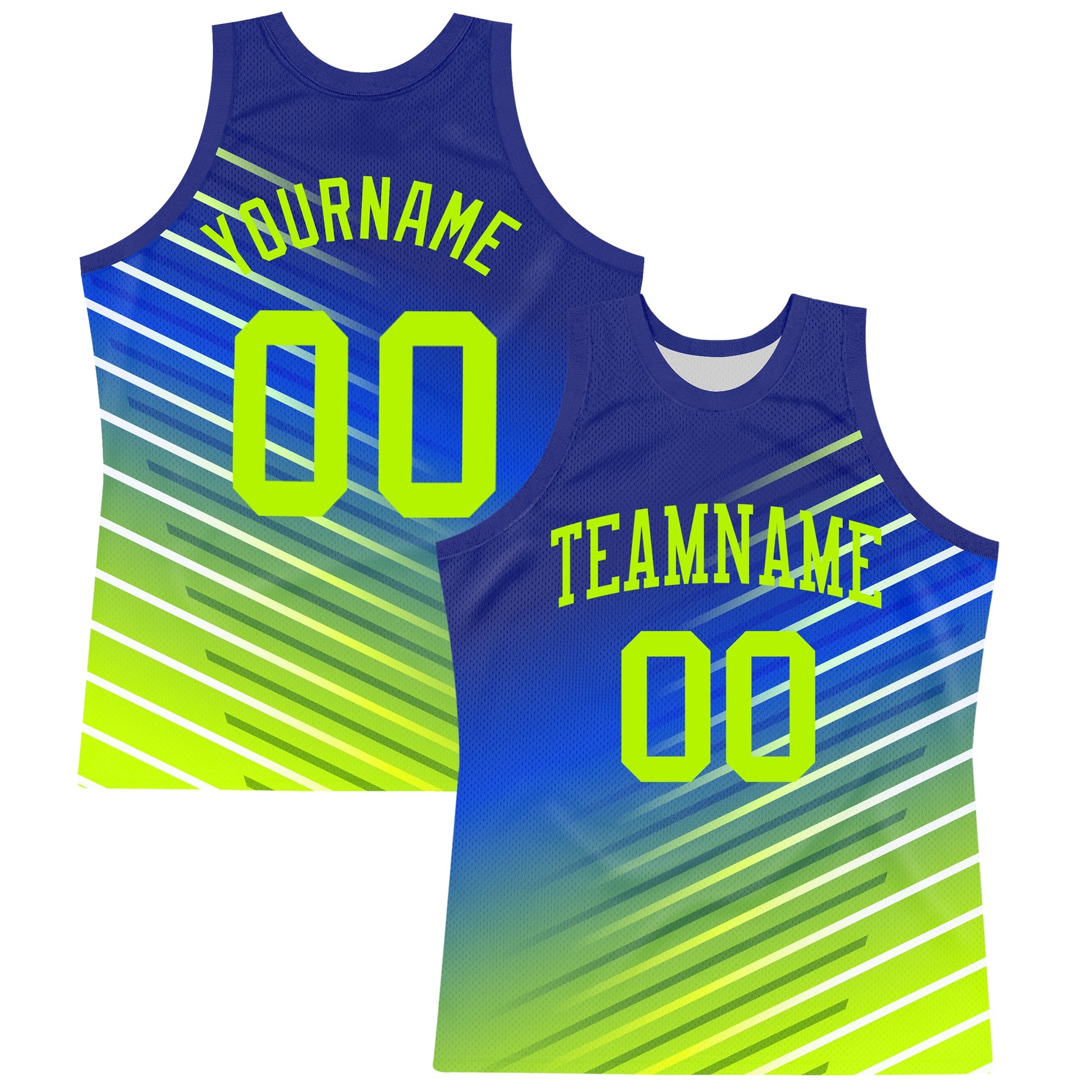 Custom Royal Neon Green-White Line Round Neck Sublimation Basketball Set Jersey - Main View