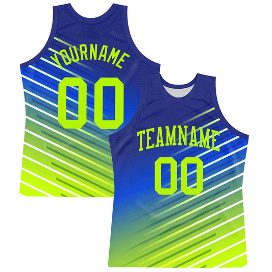 Custom Royal Neon Green-White Line Round Neck Sublimation Basketball Set Jersey - Main View