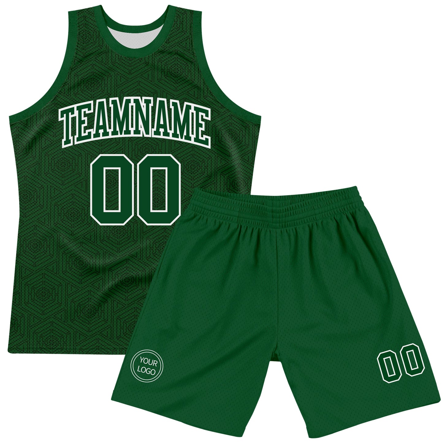 Custom Green White Geometric Shape Round Neck Sublimation Basketball Set Jersey view 2