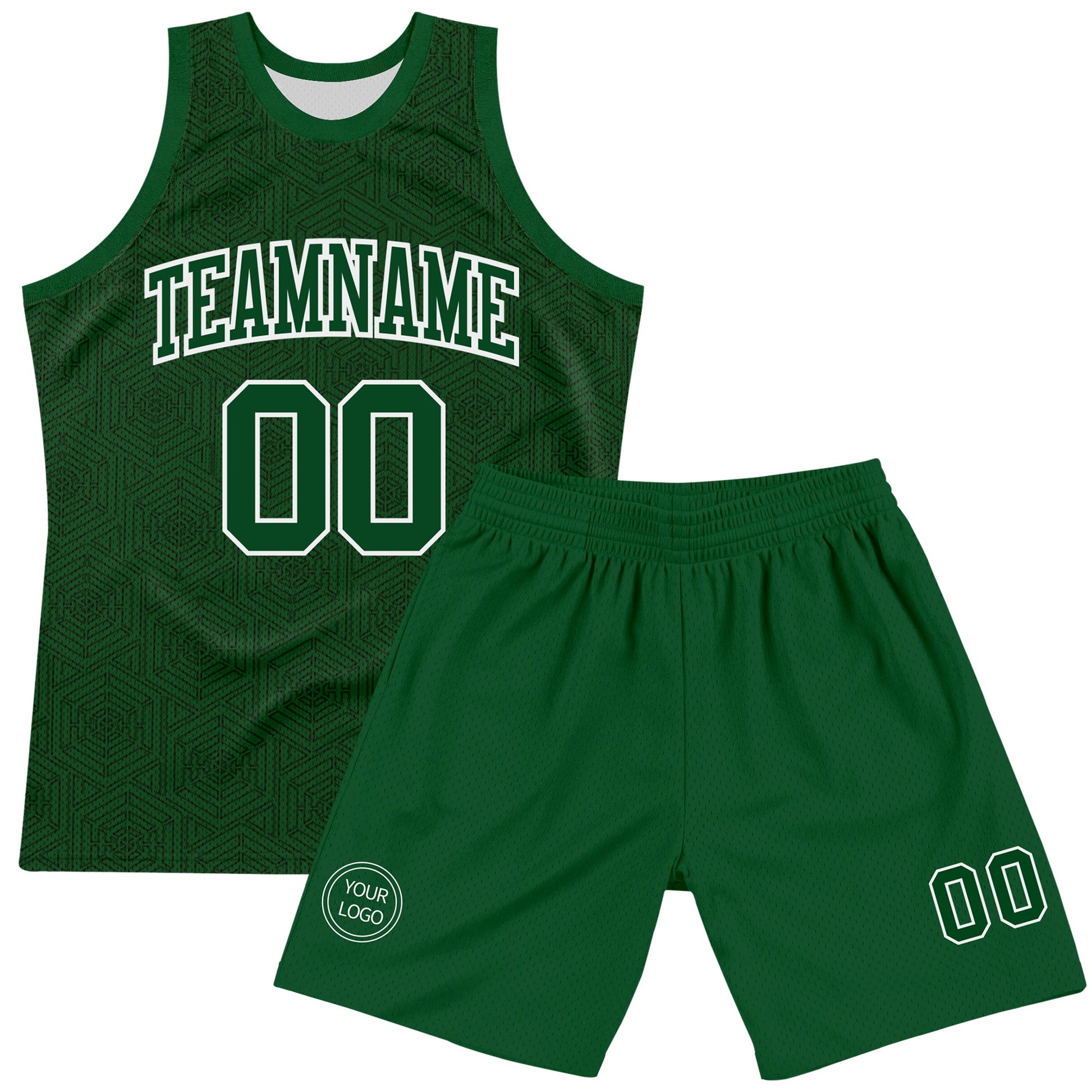 Custom Green White Geometric Shape Round Neck Sublimation Basketball Set Jersey view 2