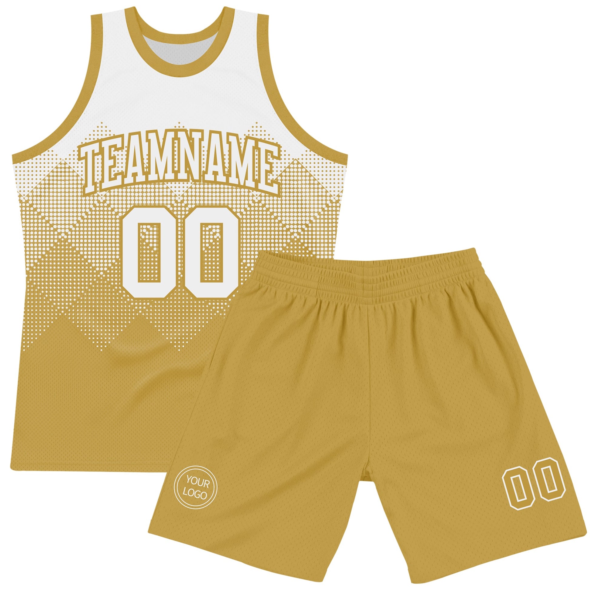 Custom White Old Gold Gradient Square Shapes Round Neck Sublimation Basketball Set Jersey view 2
