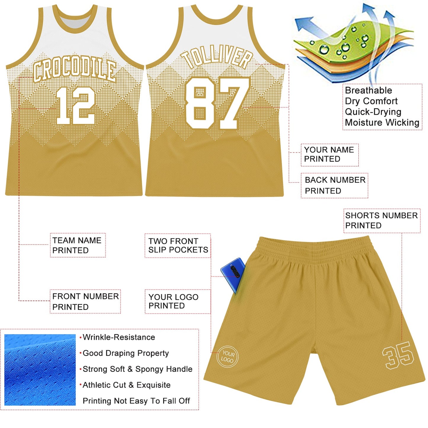 Custom White Old Gold Gradient Square Shapes Round Neck Sublimation Basketball Set Jersey view 3