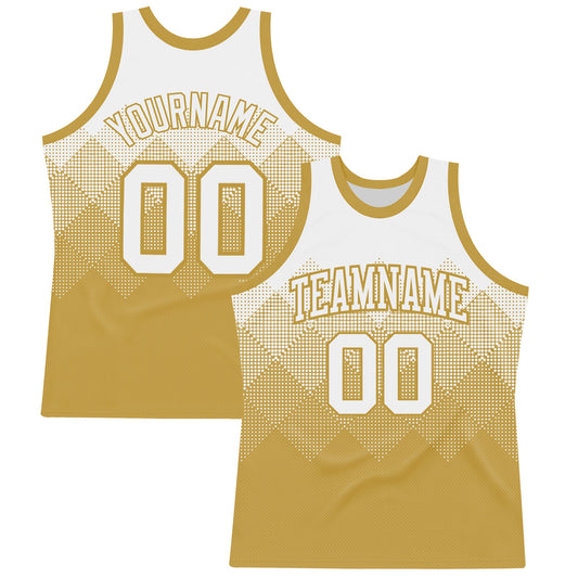 Custom White Old Gold Gradient Square Shapes Round Neck Sublimation Basketball Set Jersey - Main View